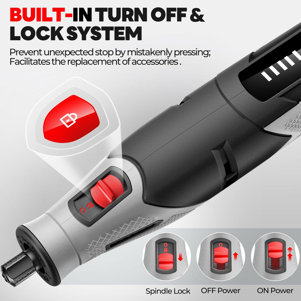 PHALANX 4V cordless rotary tool operates at 28,000 RPM for fast, controlled results.