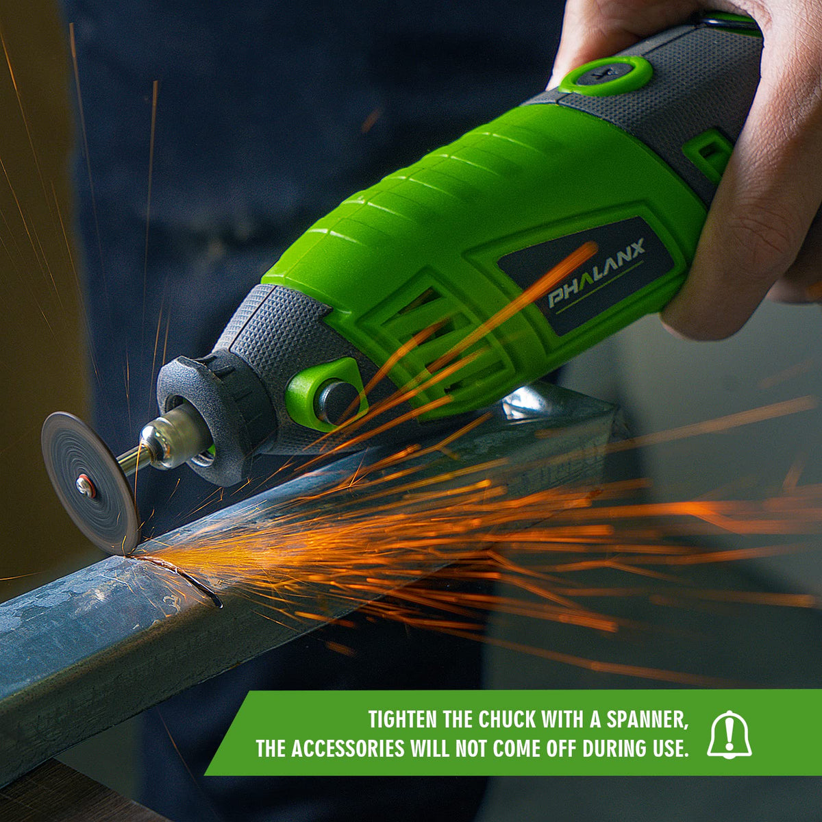 PHALANX tool with multiple collets provides stable accessory fixation during work.