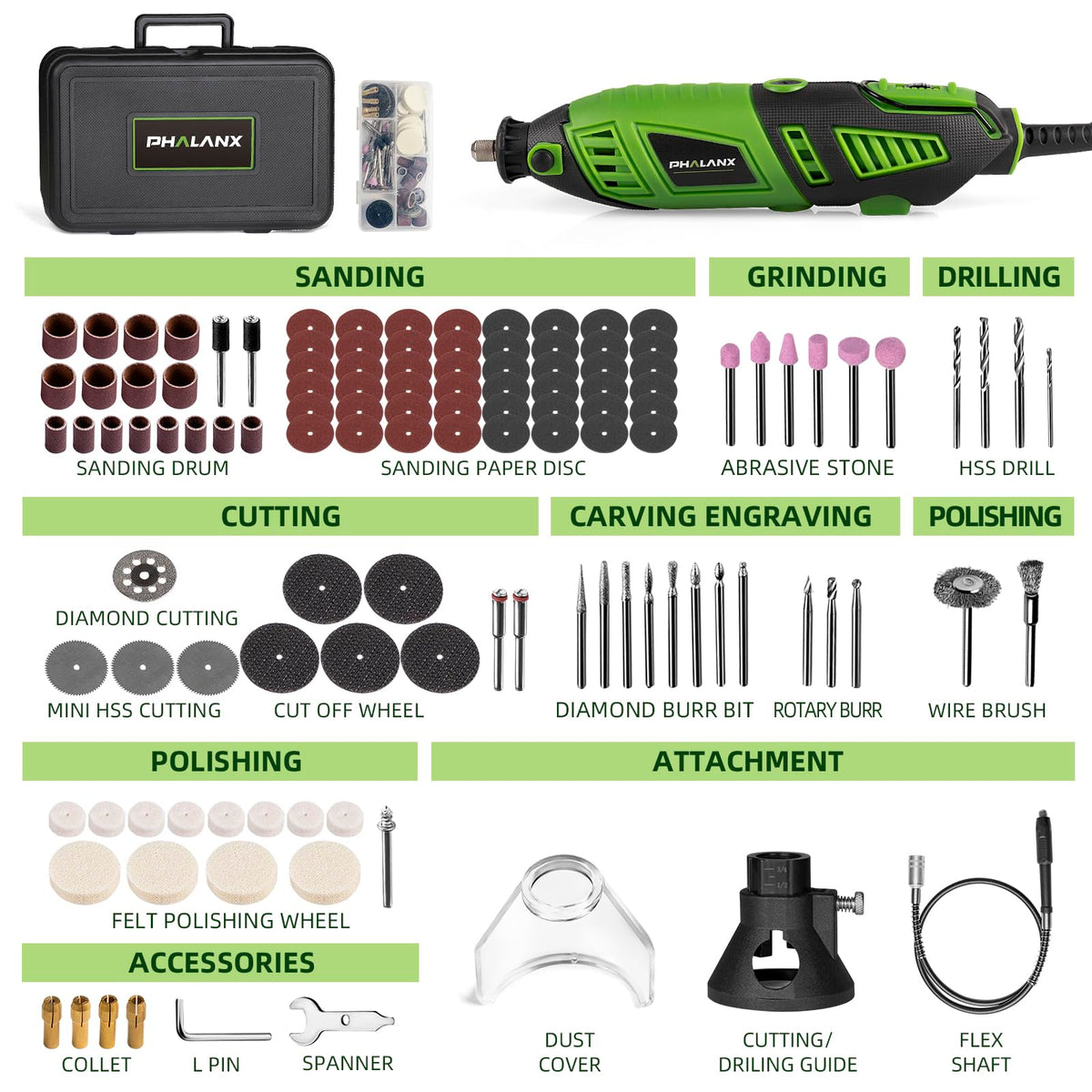 PHALANX flexible shaft enables precise, pen-like control for detailed grinding.