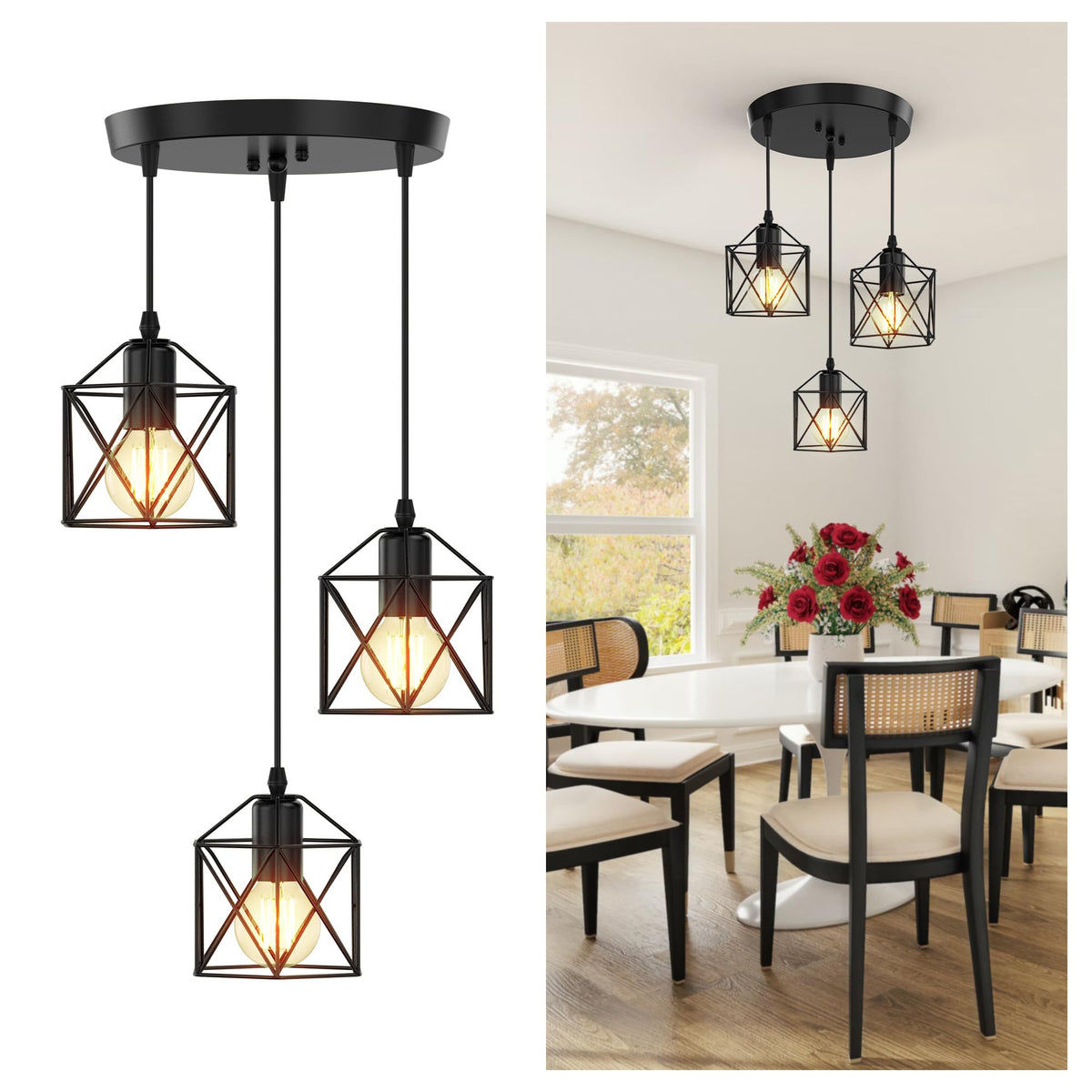 Phaosio 3-light pendant in matte black adds modern farmhouse style to your kitchen.