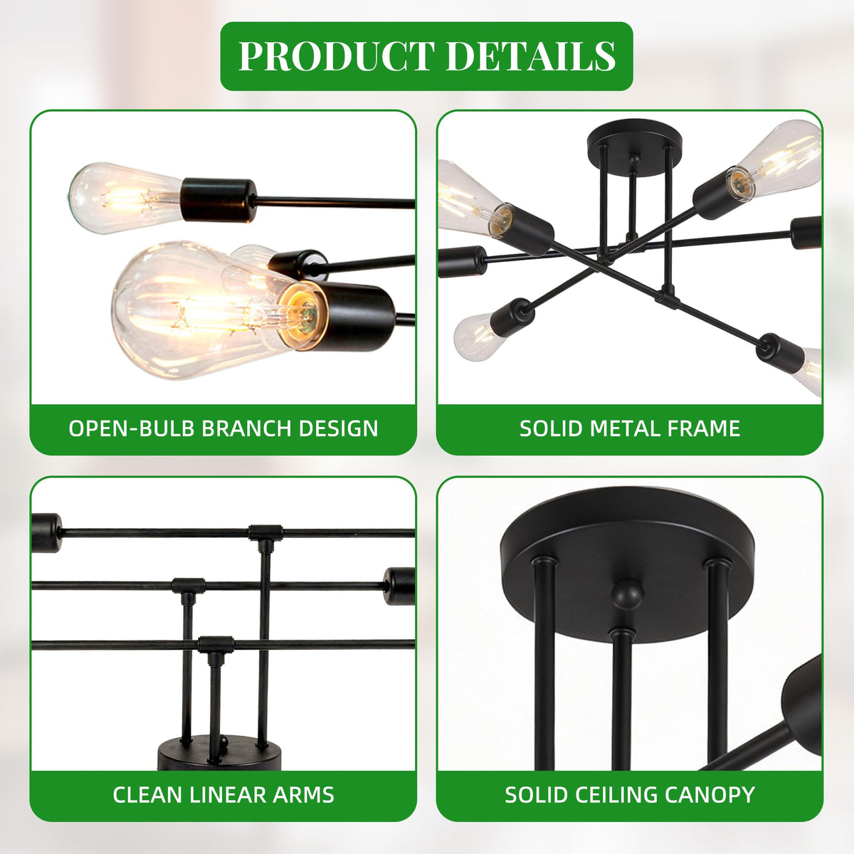 Phaosio six light chandelier with open design for bright even illumination.