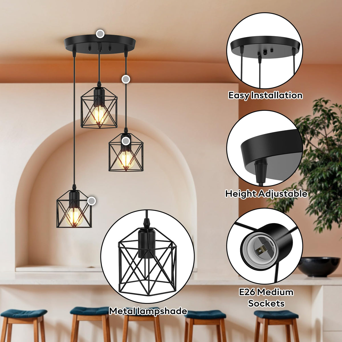 E26 base sockets offer bulb flexibility for bright or warm ambiance.