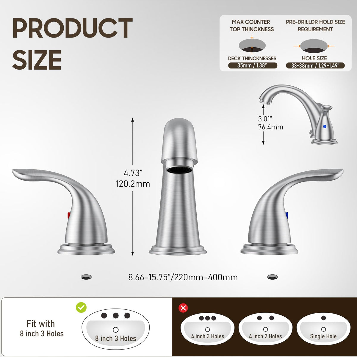 Phiestina 3-hole widespread deck-mount fits standard vanity sinks.