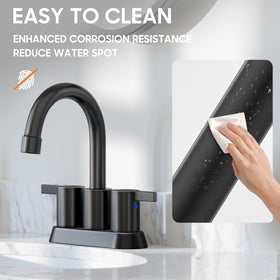 Phiestina faucet assembled on vanity with handles.