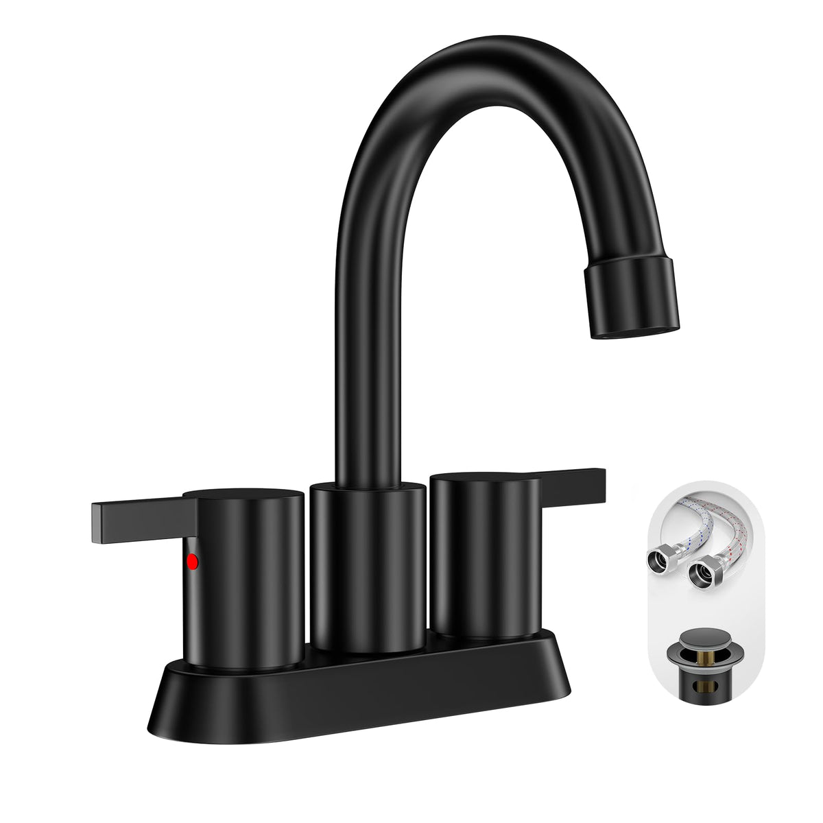 Phiestina matte black bathroom faucet front view with dual handles.