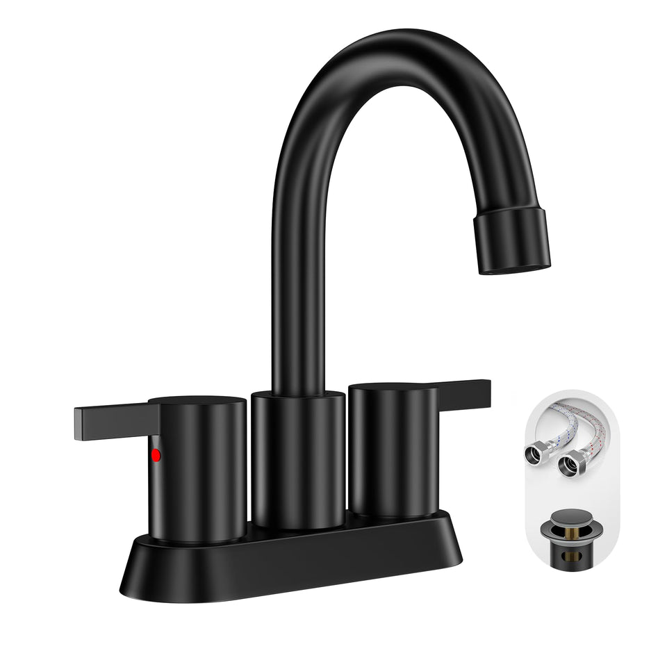 Phiestina matte black bathroom faucet front view with dual handles.