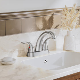 Close-up of Phiestina BF008-5-BN faucet with dual handles for precise control.