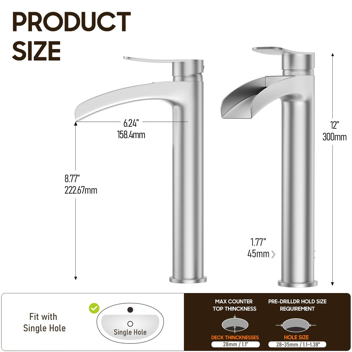 Phiestina faucet side angle illustrating tall spout clearance for wide sinks