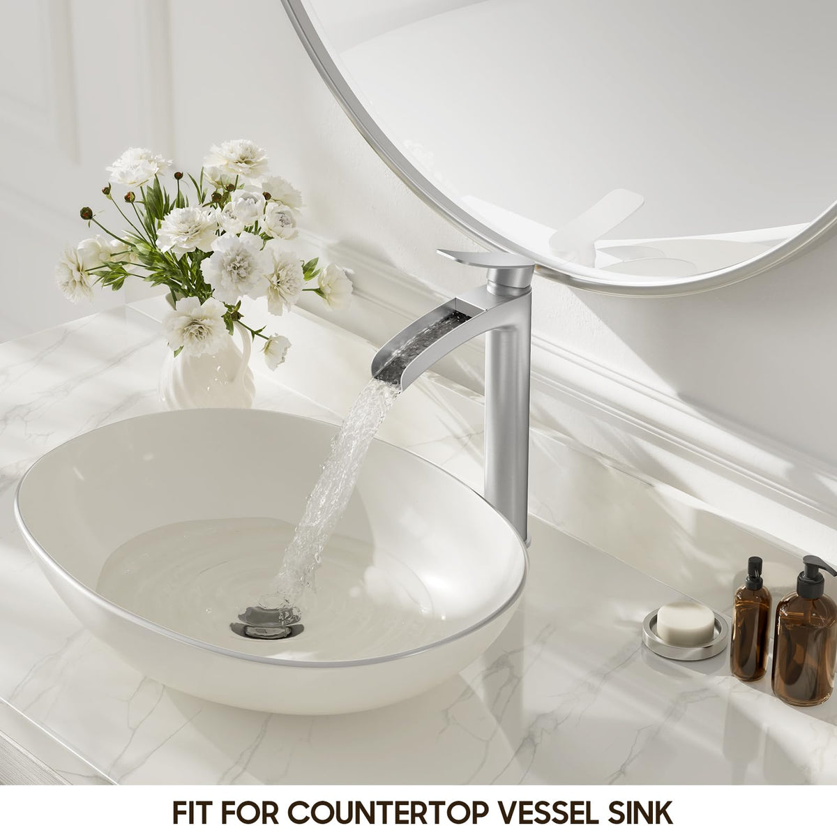 Phiestina faucet spout closeup showing smooth waterfall flow for daily use