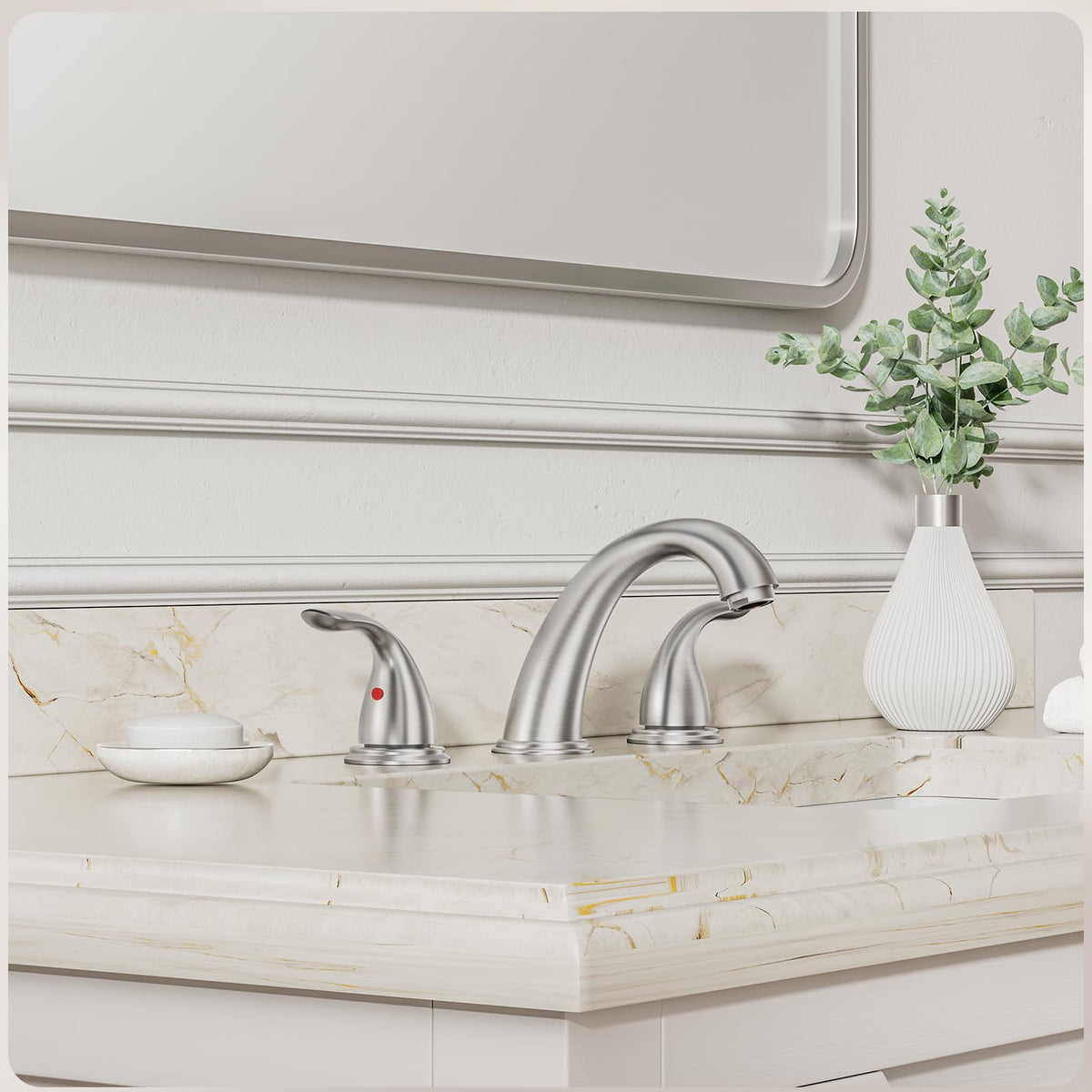 Phiestina two-handle brushed nickel faucet enables precise, comfortable control.