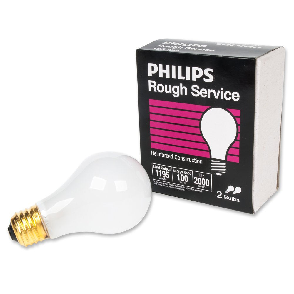 Philips 100W A19 frosted rough-service lamp diffuses light for comfortable illumination.