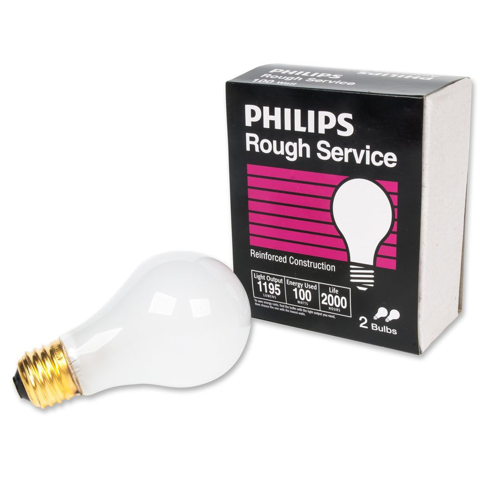 Philips 100W A19 frosted rough-service lamp diffuses light for comfortable illumination.