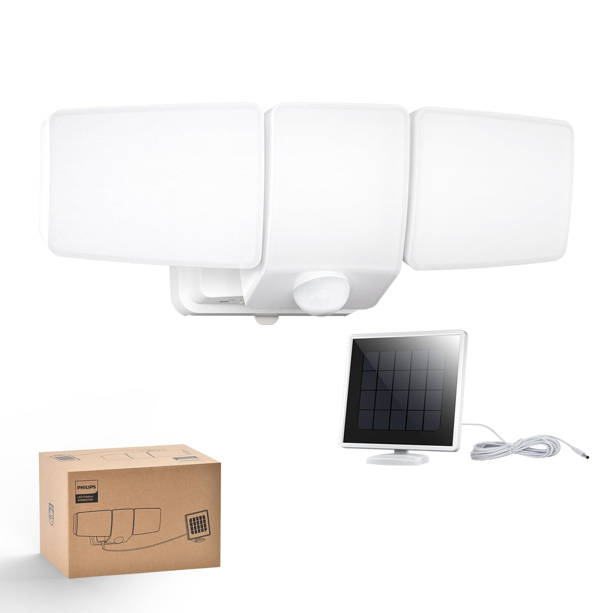 Philips 3600LM three-head solar security light covers wide areas at night