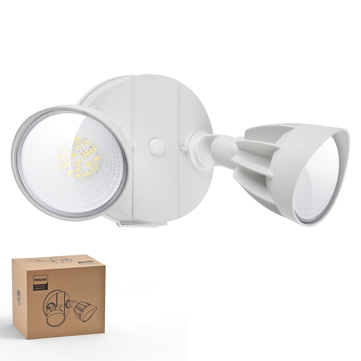 Philips LED security flood light with two adjustable heads for wide outdoor coverage.