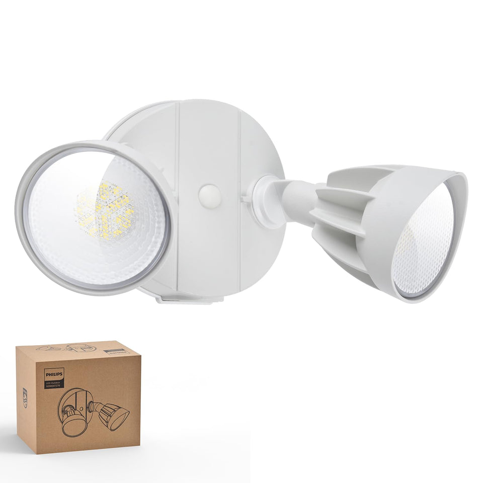Philips LED security flood light with two adjustable heads for wide outdoor coverage.