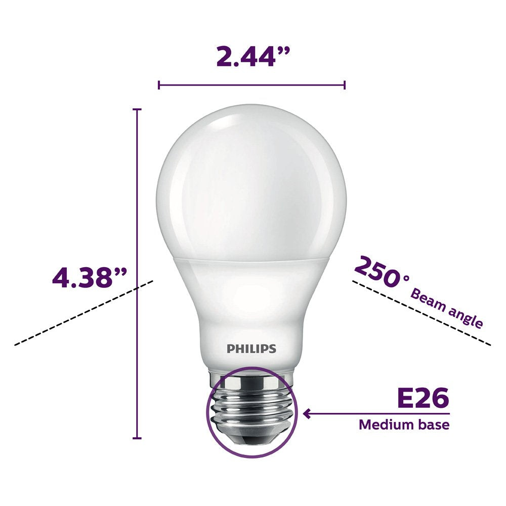 Philips A19 dimmable soft white for smooth, flicker-free brightness control.