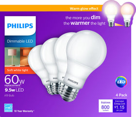 Philips A19 with E27 base fits standard fixtures for easy replacement.
