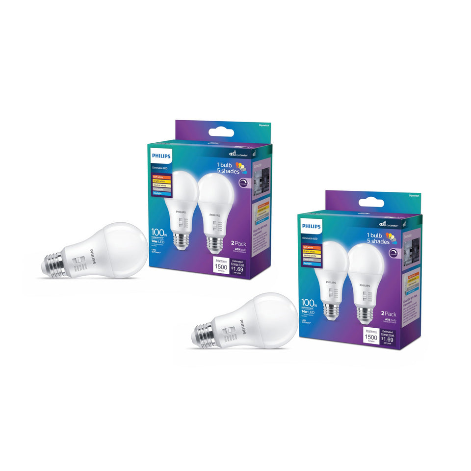 Philips A19 selectable white dimmable bulbs in box for versatile room lighting.