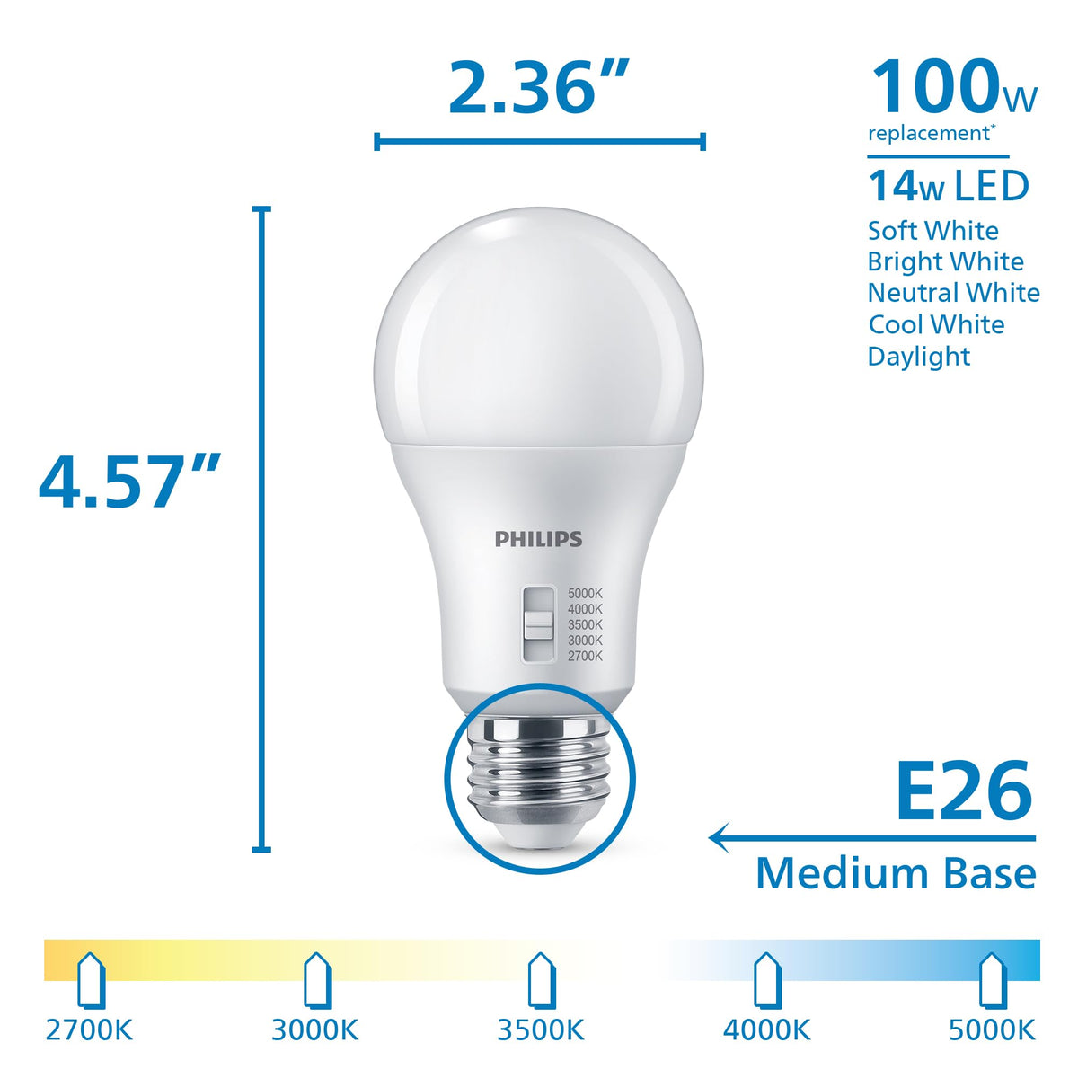 Close-up of Philips A19 dimmable bulb showing smooth dimming capability.