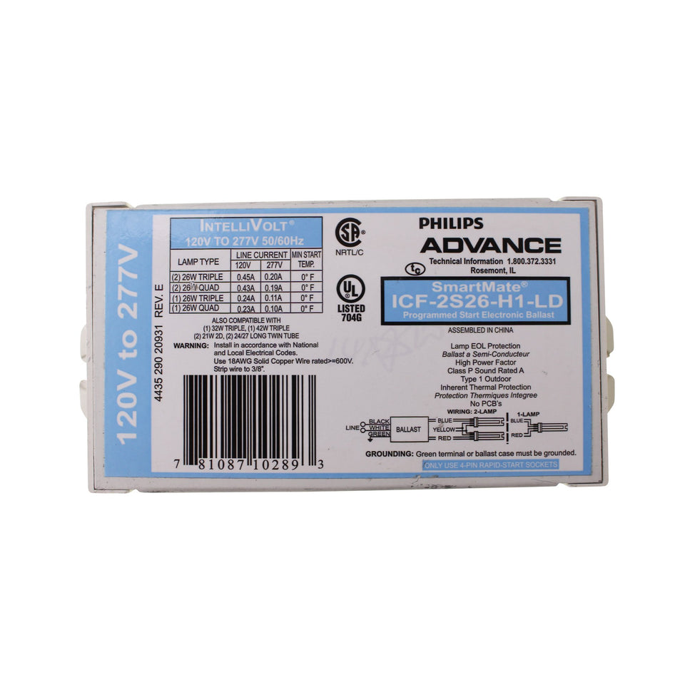 Philips Advance ICF-2S26-H1-LD ballast front view enhances fixture efficiency.