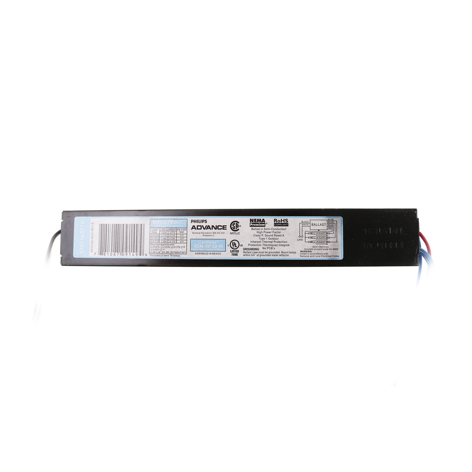 Philips Advanced ICN-3P32-N ballast front view enables efficient, reliable 3-lamp T8 lighting.