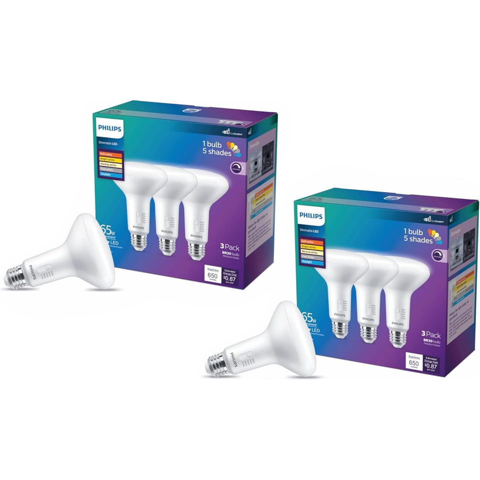 Philips BR30 65W dimmable bulb with selectable white tones for versatile mood lighting.