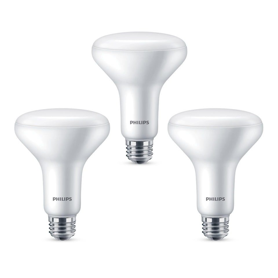 Philips BR30 warm-glow bulb, 3-pack, dimmable and flicker-free for cozy indoor lighting.