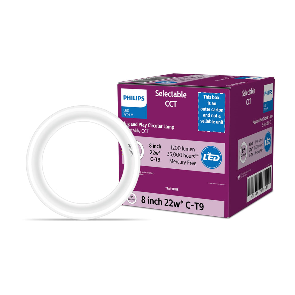 Philips Circline 8-inch 4-CCT LED tube for customizable white light in homes and workspaces.