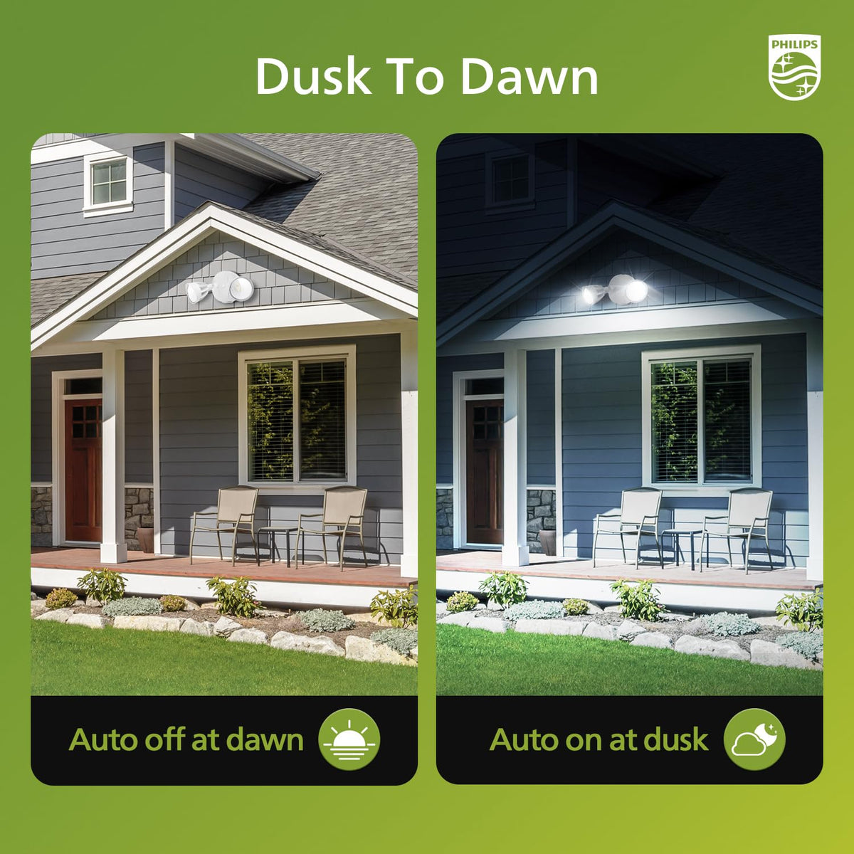 Outdoor Philips flood light emitting bright 5000K daylight near doorway