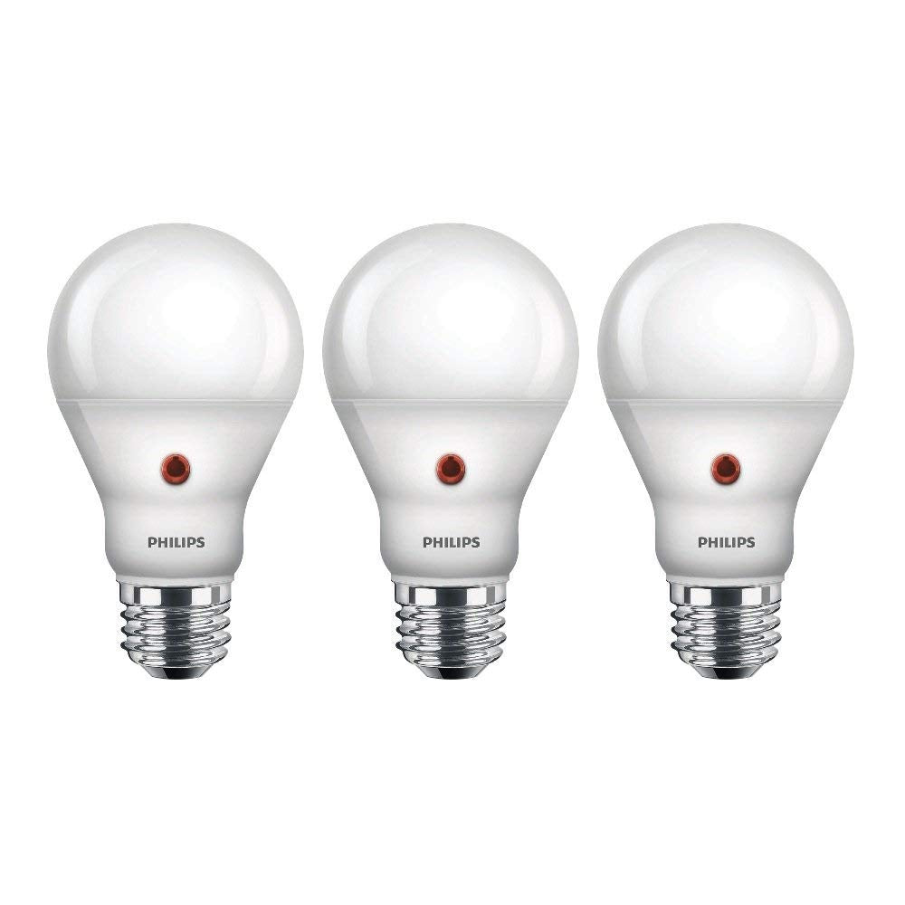 Philips dusk-to-dawn outdoor sensor bulb lighting a porch safely
