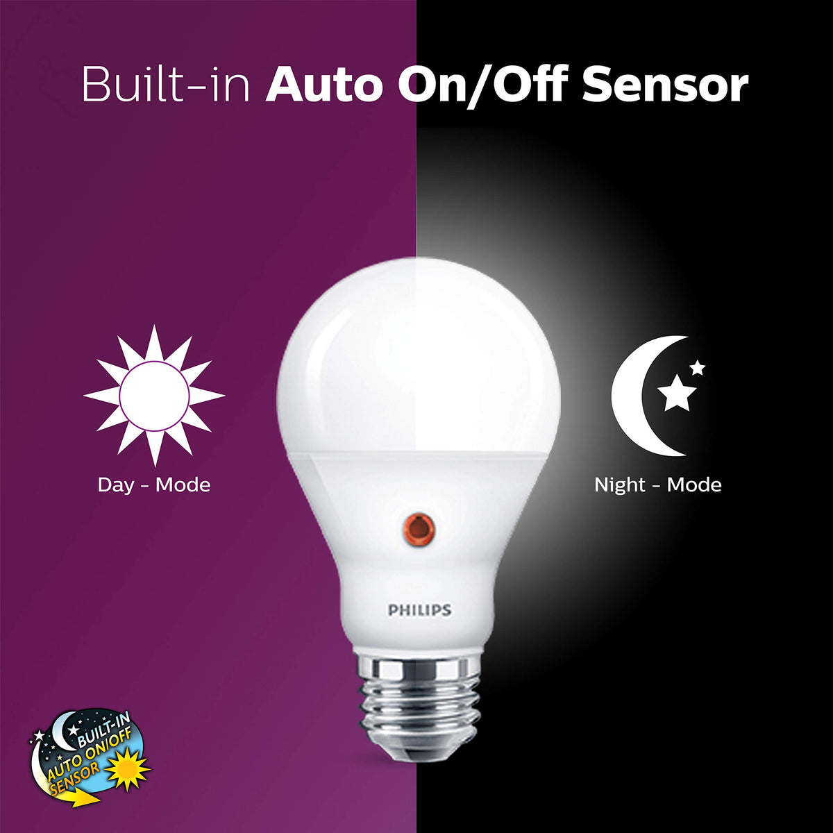Philips dusk-to-dawn A19 with soft white 2700K glow for warm ambience