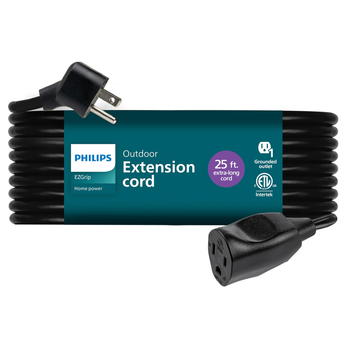 Philips EZGrip 25 ft extension cord with a grounded three-prong outlet for indoor and outdoor use