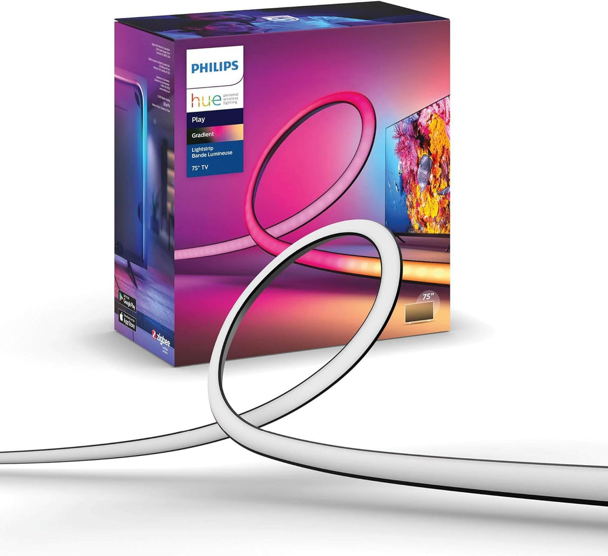 Philips Hue 75-inch TV light strip with mounting brackets securing behind the TV.