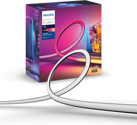 Philips Hue 75-inch TV light strip with mounting brackets securing behind the TV.