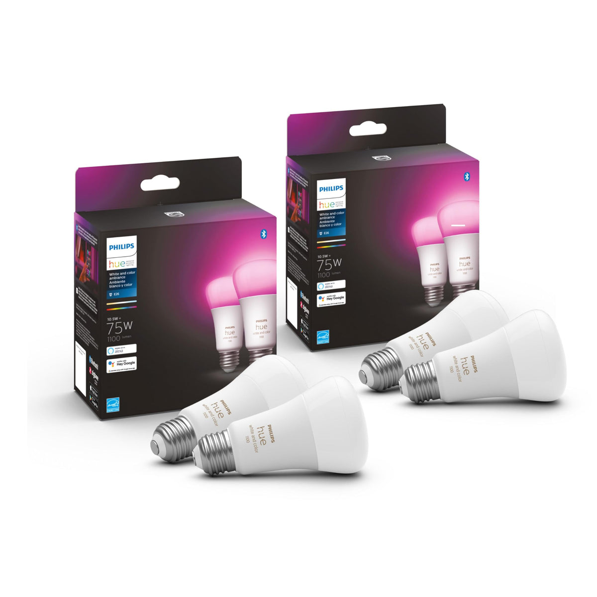 Philips Hue 75W A19 color-changing bulbs pack for versatile room lighting.