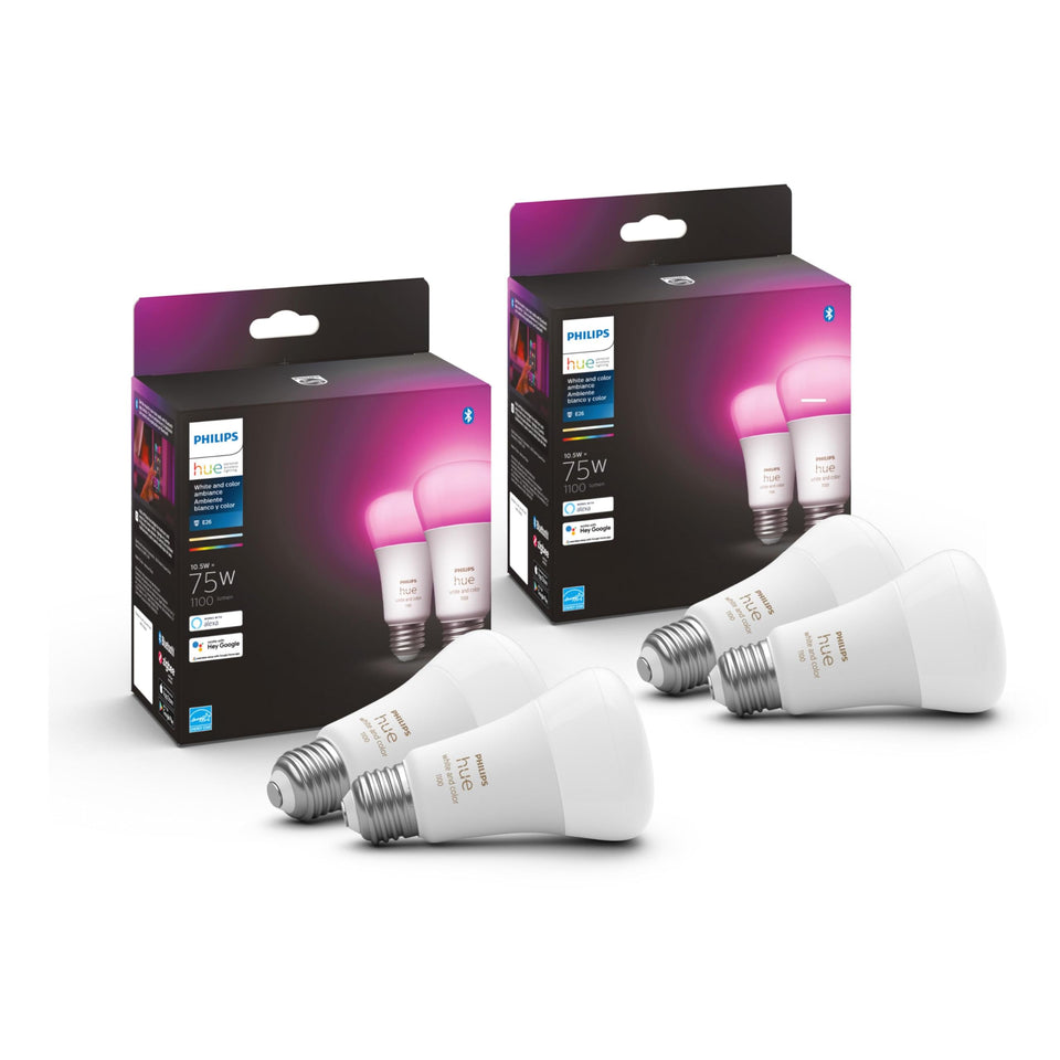 Philips Hue 75W A19 color-changing bulbs pack for versatile room lighting.