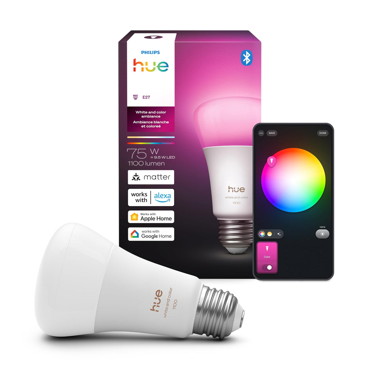 Philips Hue A19 bulb showing color ambiance for living room mood.
