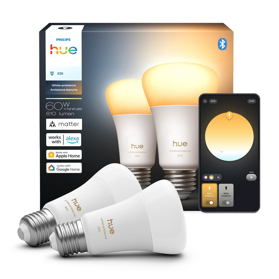 Philips Hue A19 bulb on a lamp delivering versatile mood lighting for any room