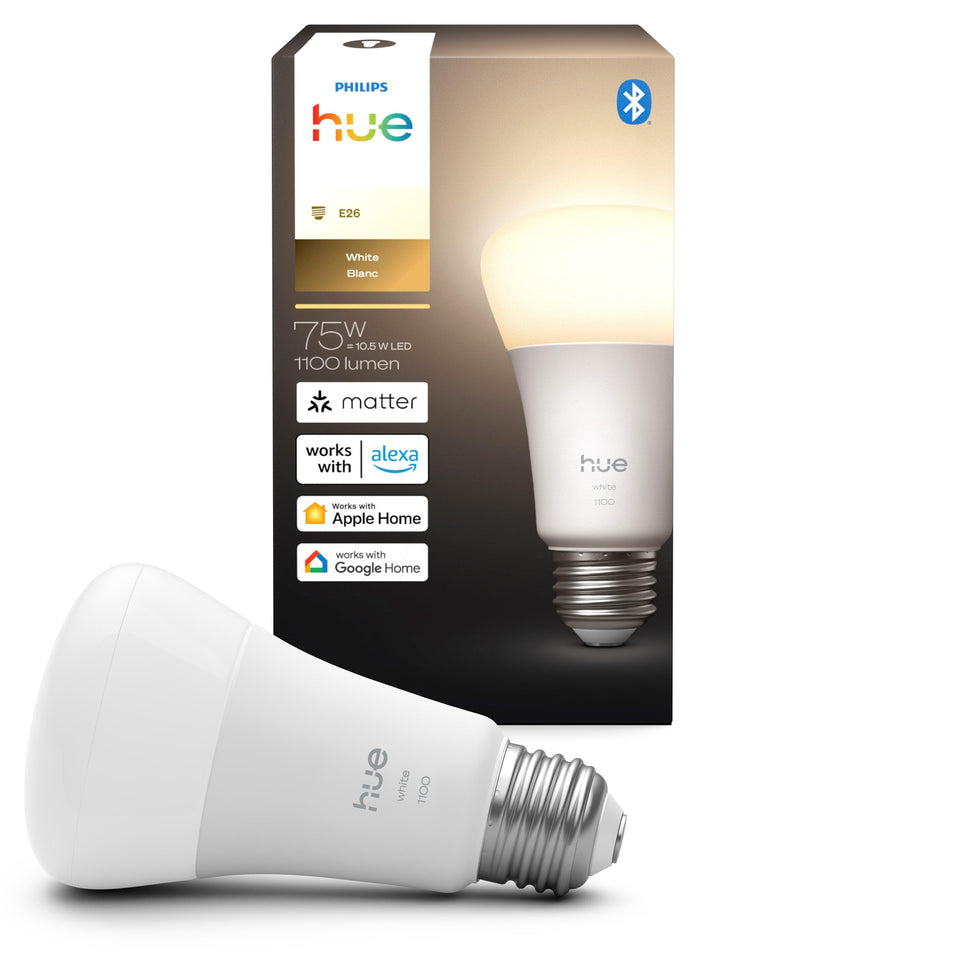 Philips Hue A19 bulb with 2700K warm white for cozy living rooms.
