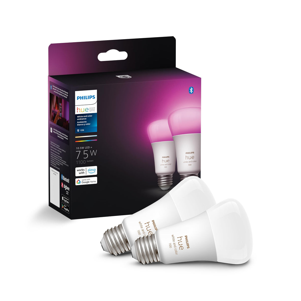 Philips Hue A19 color ambiance bulb in living room for vibrant mood lighting.