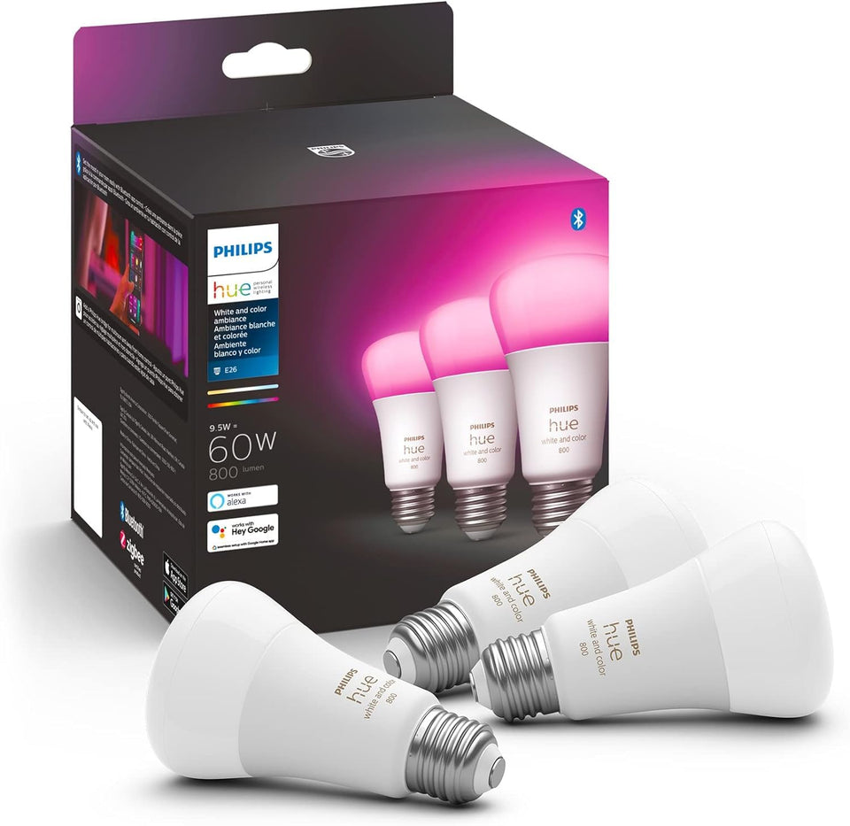 Philips Hue A19 smart bulb in lamp delivering White and Color Ambiance for mood lighting.