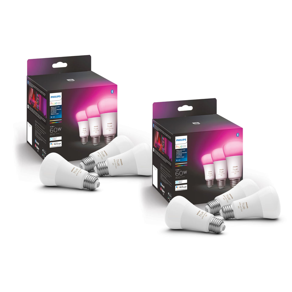 Philips Hue A19 smart bulb shown in a living room fixture for versatile color ambiance.