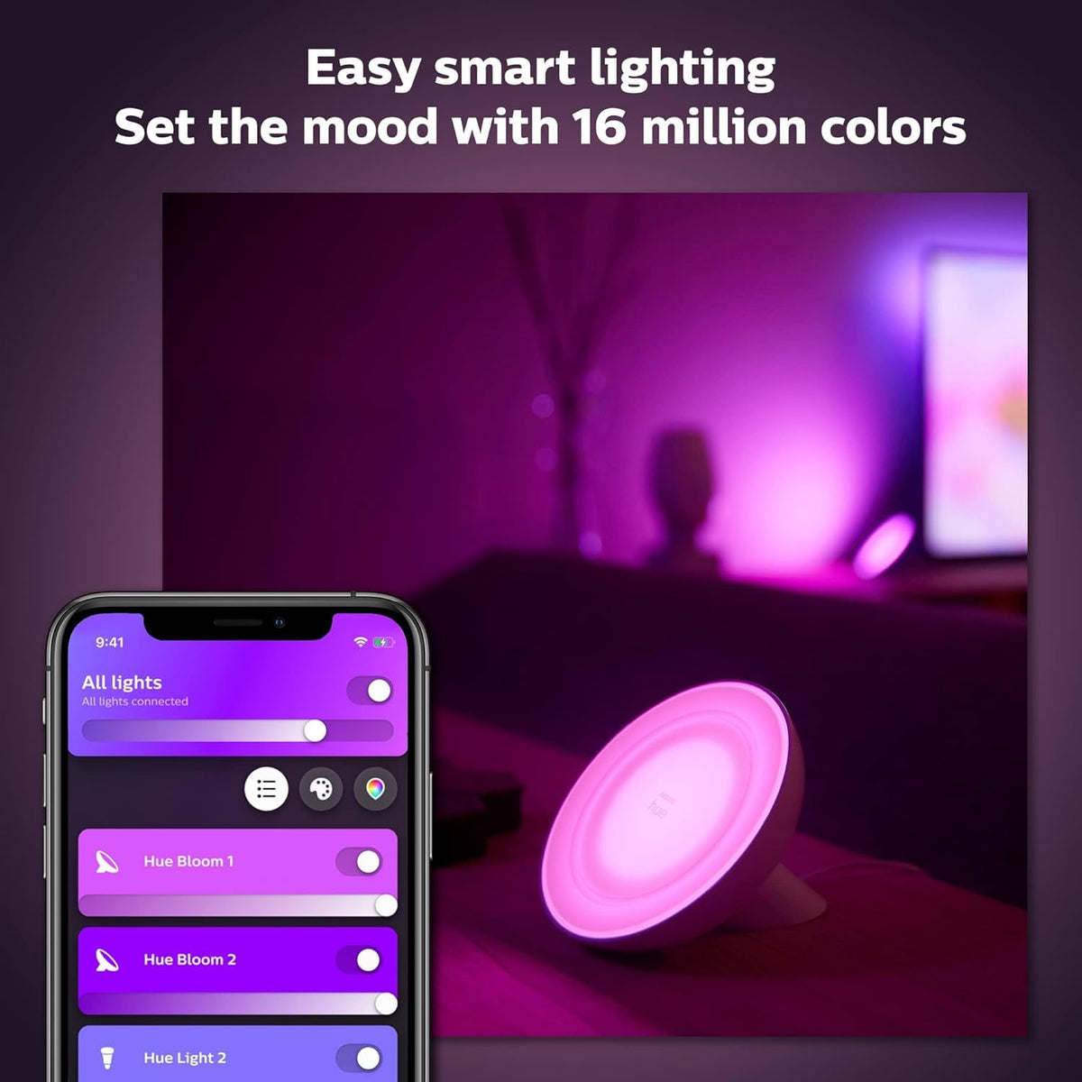 Philips Hue Bloom white-to-color range highlighting decor and mood.