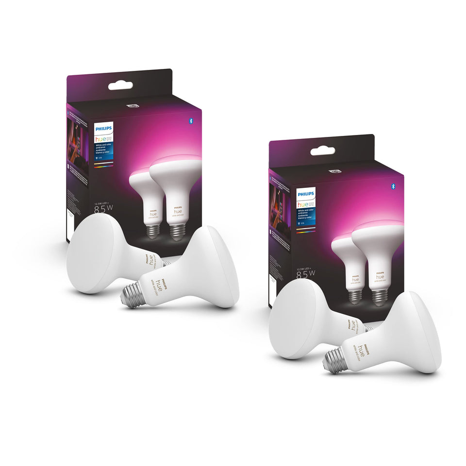 Philips Hue BR30 bulb in fixture displaying color ambiance for mood.
