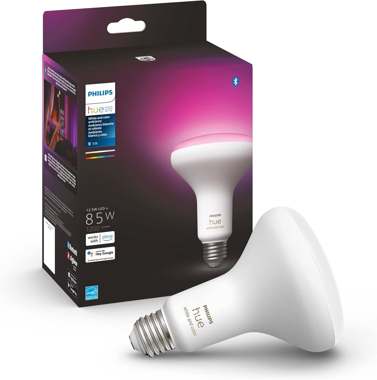 Philips Hue BR30 bulb in fixture demonstrating ambient smart lighting