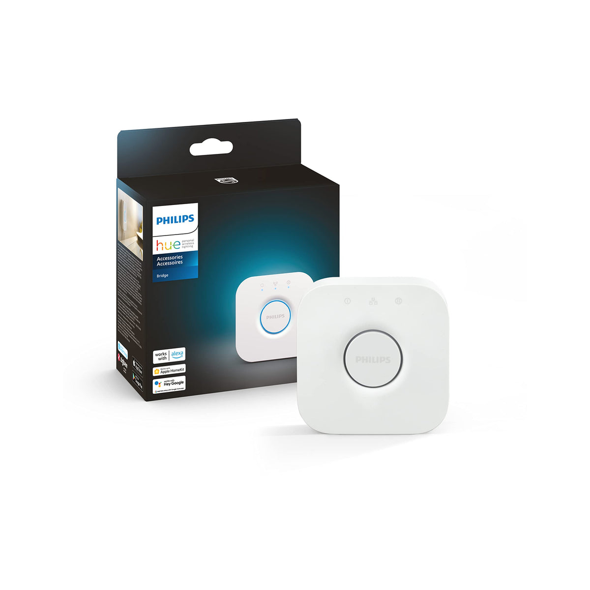 Philips Hue Bridge setup shows quick power and router connection for reliable control.