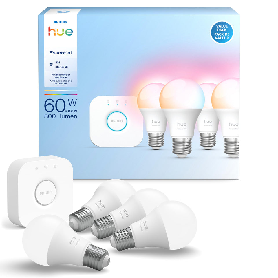 Philips Hue Bridge with four bulbs for easy smart lighting setup.