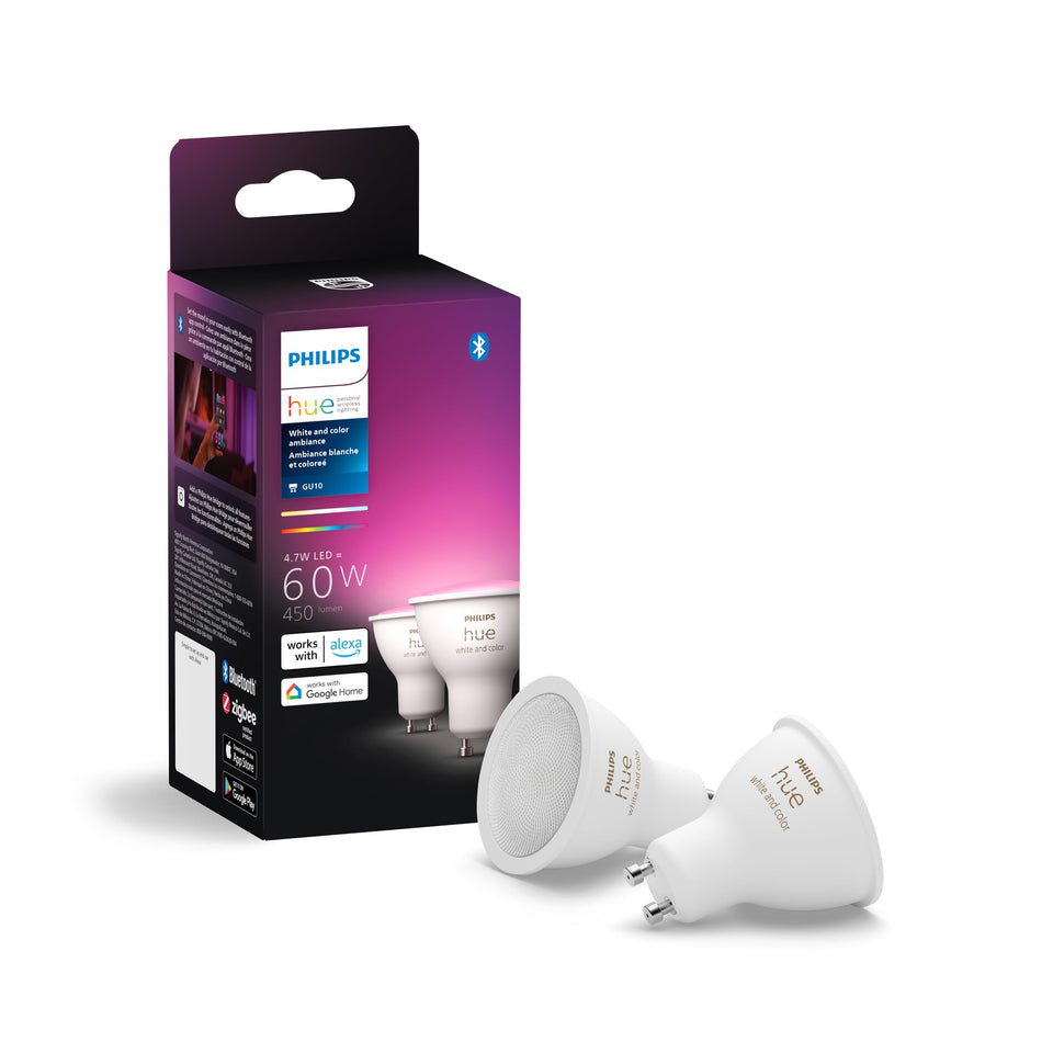 Philips Hue coiled-filament GU10 bulb showcases vintage style with color ambiance.