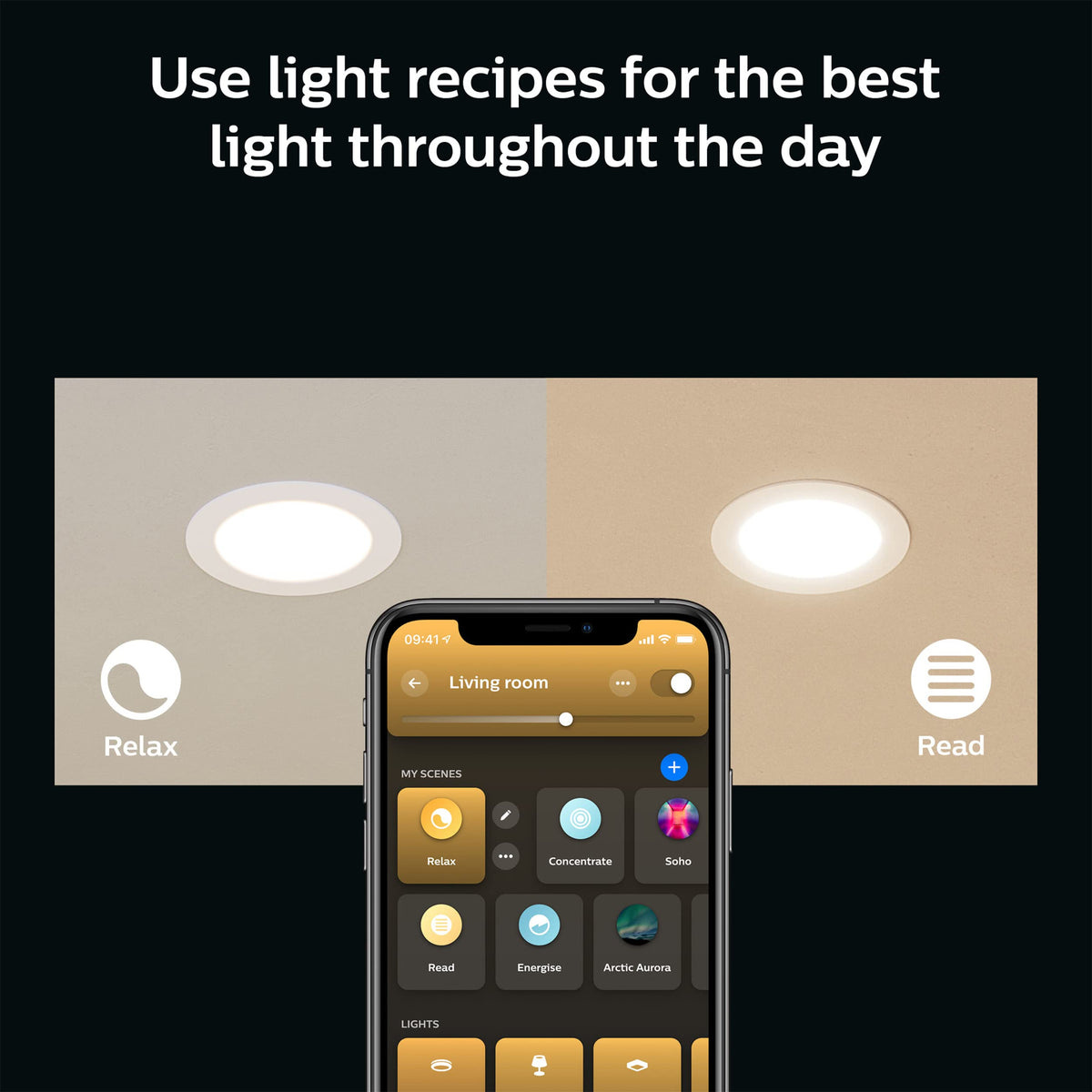 Color ambiance room lit by Philips Hue downlights for mood lighting
