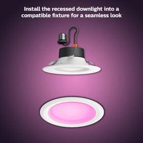 Close-up of 56-inch Hue recessed downlight fitting into ceiling
